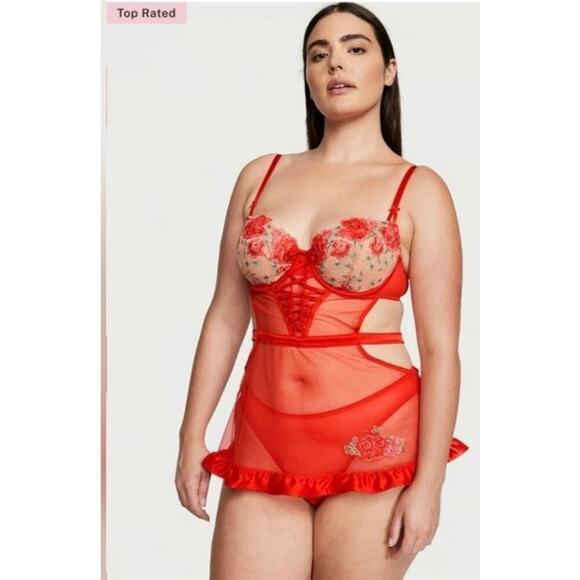 Victoria’s Secret Wicked Floral Embroidery Red Sheer Lace Apron NWT~NEW💋 - Picture 2 of 16